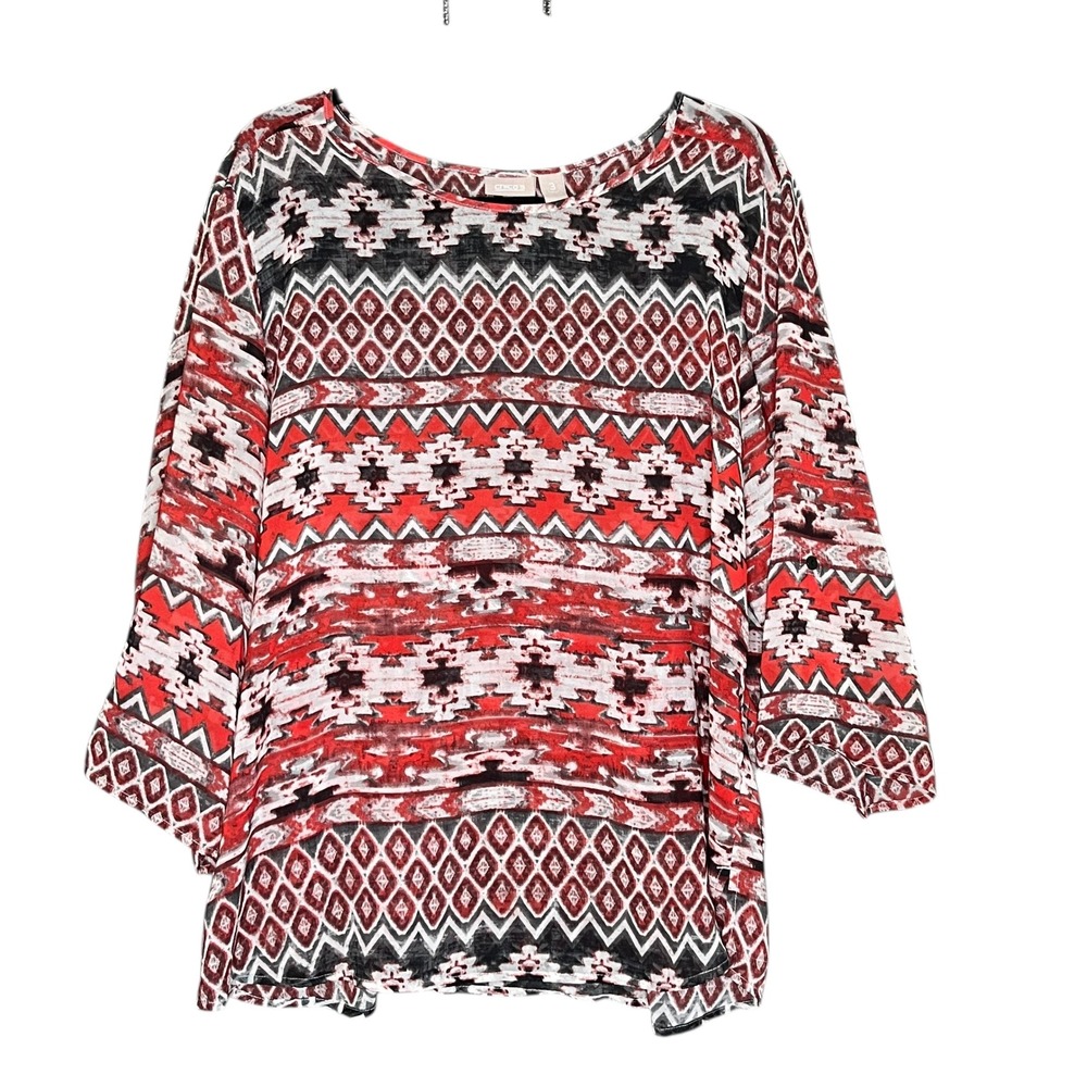 Chicos Top Size 3 Large Red Black White Oversized Flowy Roll Sleeve Blouse Boho